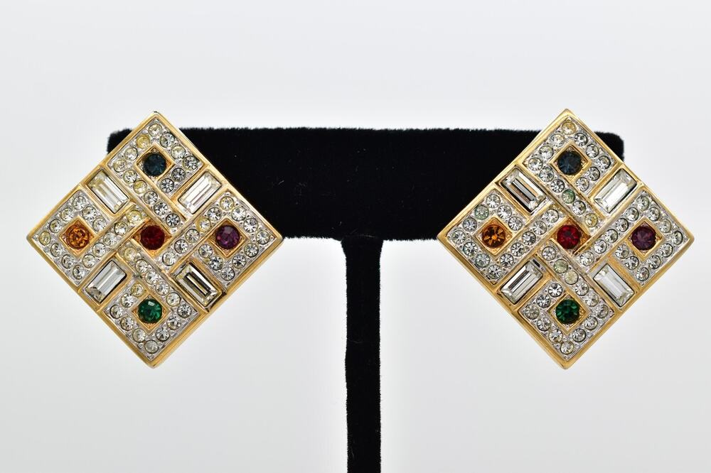 Swarovski Vintage Crystal Clip On Earrings Gold Chunky Multi-Color Signed BinBF